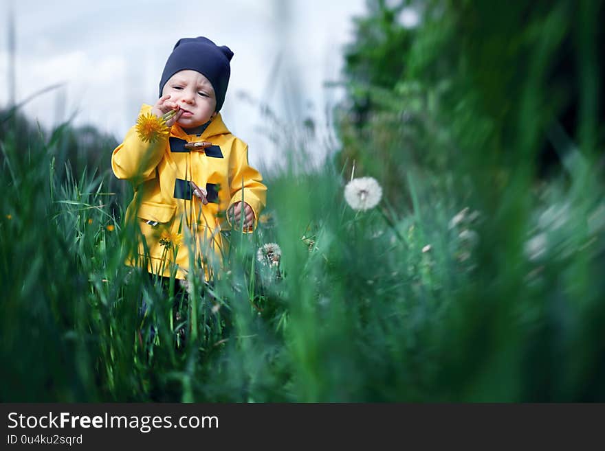 Kid in yellow jacket playing in grass with dandelion