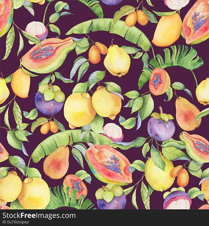 Tropical fruits havd drawn watercolor pattern on purple. Perfect for fabric, cards and package design