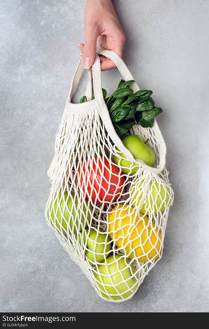 Zero Waste Eco Mesh Shopping Bag With Fruits Vegetables Greens