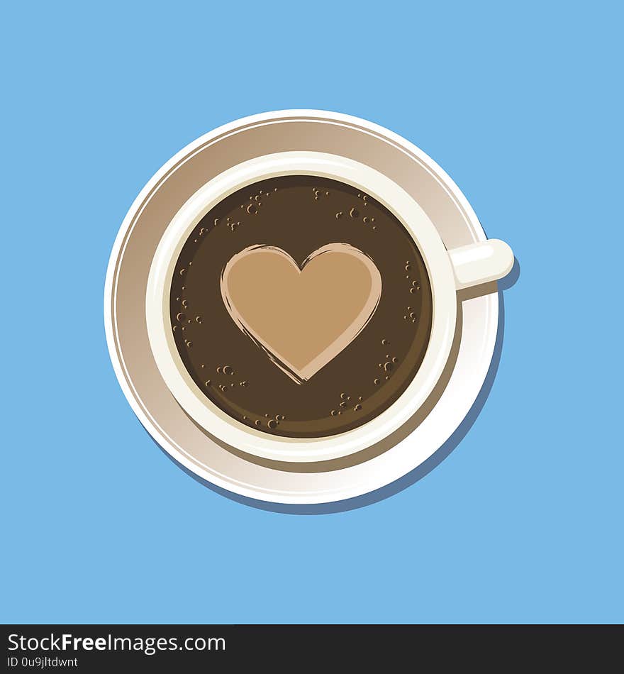 Cup of espresso with latte art heart top view. Cappuccino coffee mug on white saucer with etching pattern. Isolated on sky blue background. Vector eps8 illustration. Cup of espresso with latte art heart top view. Cappuccino coffee mug on white saucer with etching pattern. Isolated on sky blue background. Vector eps8 illustration