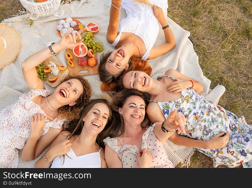 View from above. Company of beautiful girlfriends have fun and enjoy a picnic outdoors