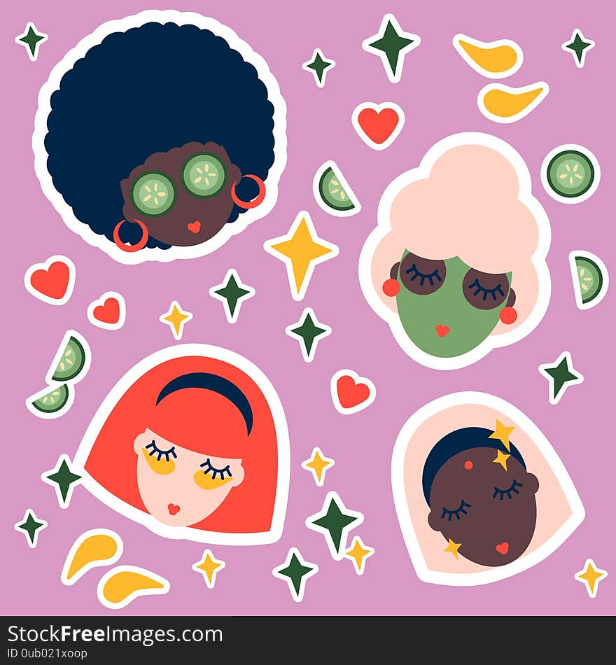 Sticker set of women different nationalities. illustration for spa and beauty salon. green mask, cucumbers and eye patches.cosmetics and skincare procedure salon service candle. Face care concept