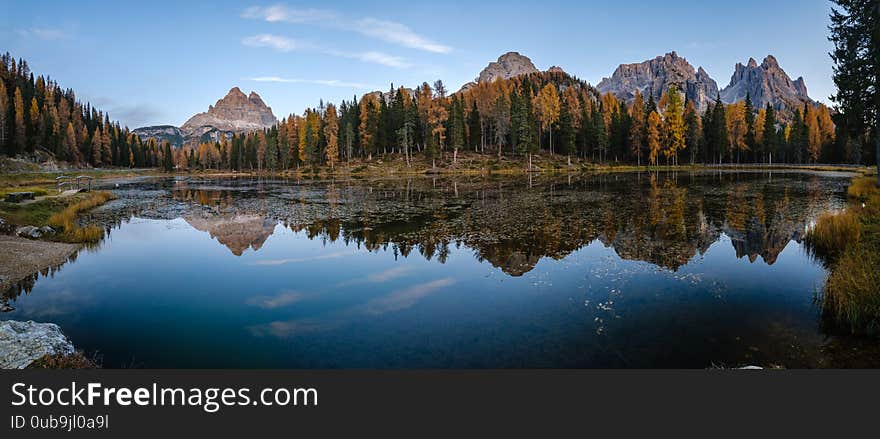 Beautiful Autumn Evening Lake Antorno And Three Peaks Of Lavaredo, Dolomites, Italy