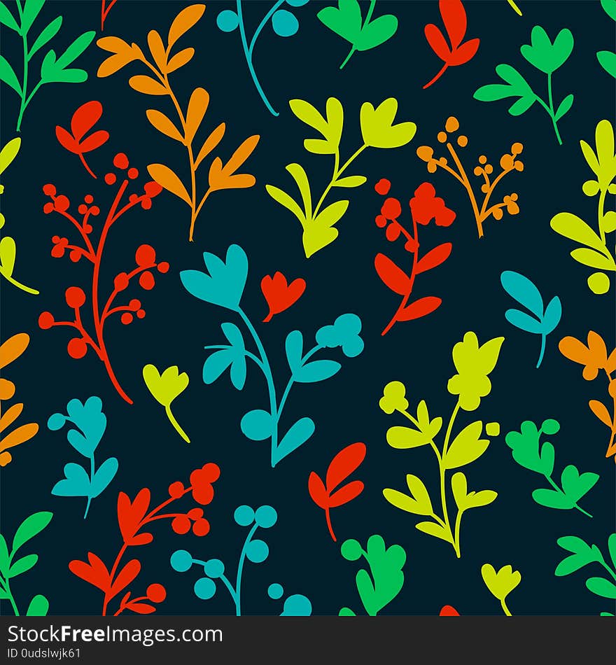 Background pattern of various colored plants and branches on a dark background. Seamless illustration for designer prints for textile