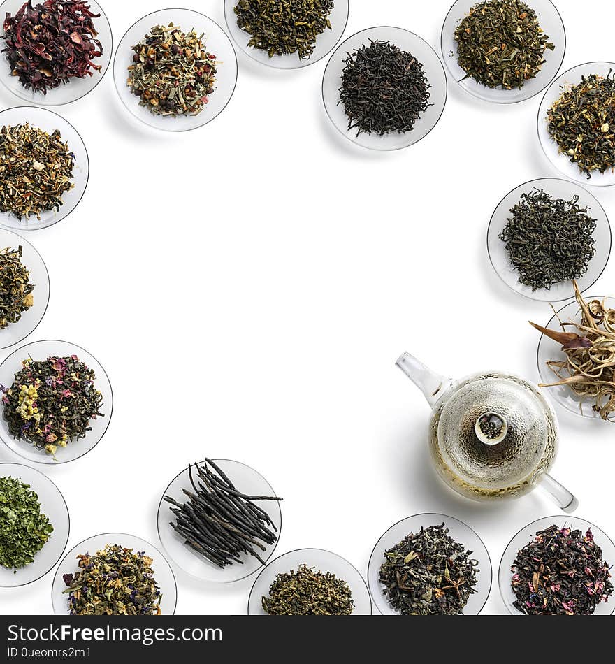 Large assortment of tea on a white background. The view from the top.