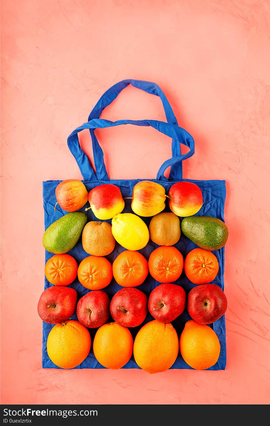 Zero waste food shopping, eco natural bags with fruits and vegetables