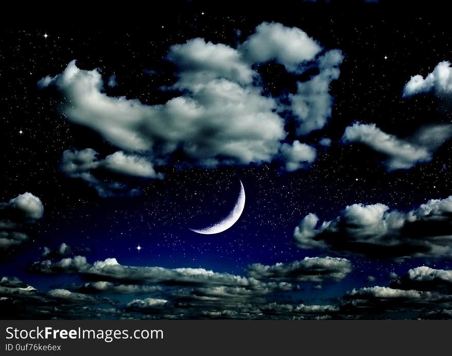 The moon in the night sky in clouds 3D illustration