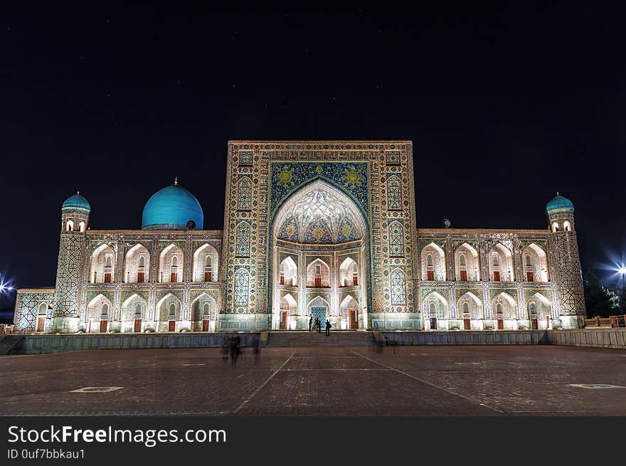 View of Registan square in Samarkand - the main square with Tillya-Kari madrasah at night