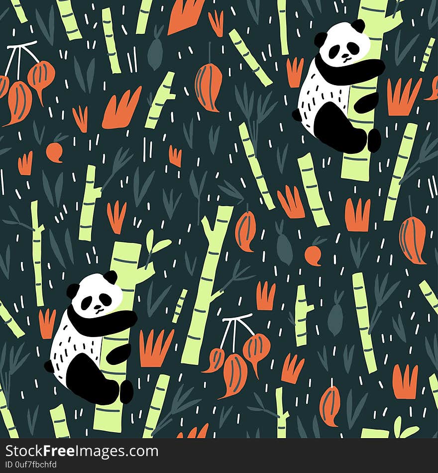 Panda bear and bamboo branches vector flat illustration. Element of seamless pattern