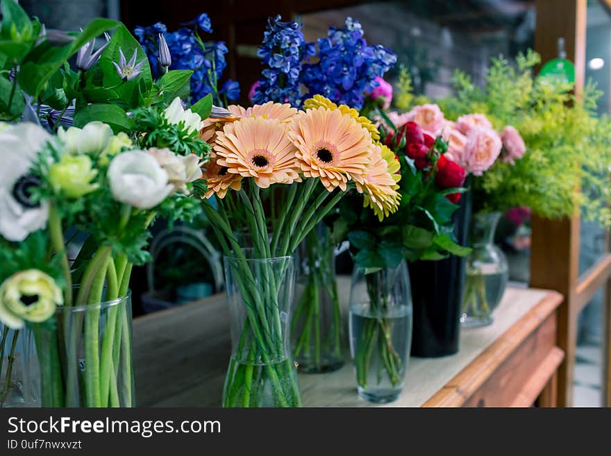 Floral Shop Concept . Beautiful Bouquet Of Mixed Flowers. Handsome Fresh Bunch. Flowers Delivery.