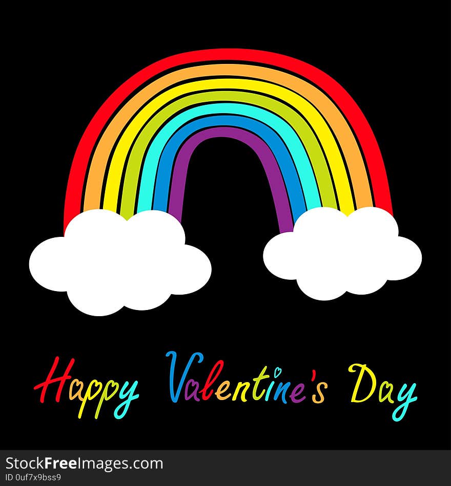 Happy Valentines Day. Rainbow icon. Two clouds in the sky. Colorful line set. Cloud shape. Cute cartoon kawaii kids clip art. Greeting card. LGBT Gay flag symbol. Flat design Black background Vector