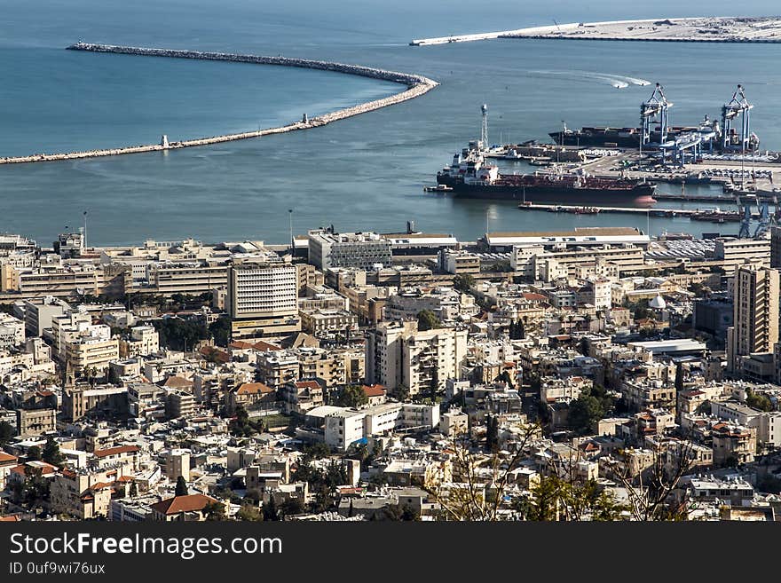 View of Haifa from the hill. Haifa is an Israeli city and port on the Mediterranean Sea