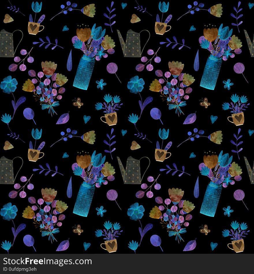 seamless pattern with cute watercolor illustration of stylized flowers. Ideal for printing on fabric and wallpaper