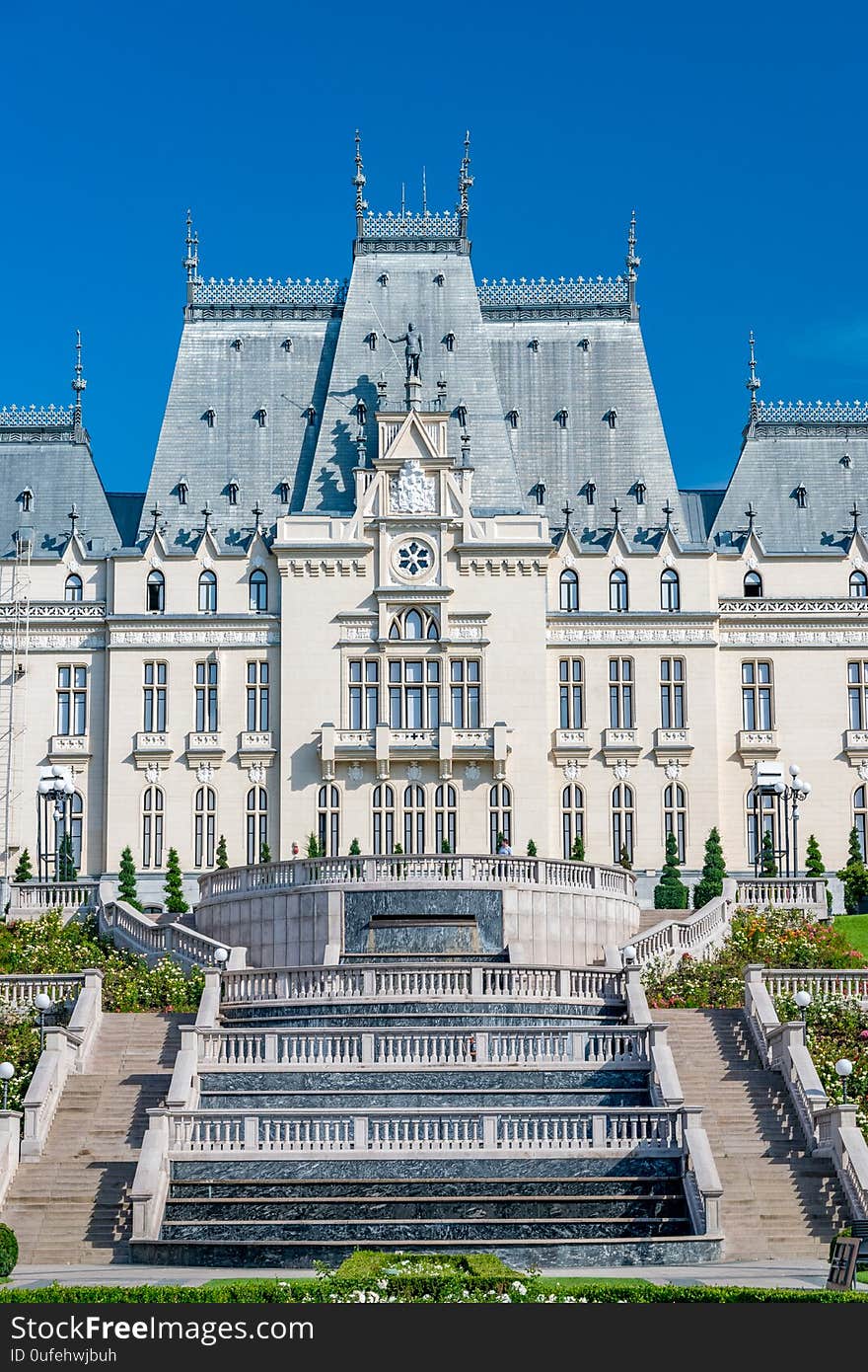 The Palace of Culture in Iasi, Romania. Rearview from the Palas Garden of The Palace of Culture, the symbol of the city of Iasi on a sunny summer day. Palace of Iasi