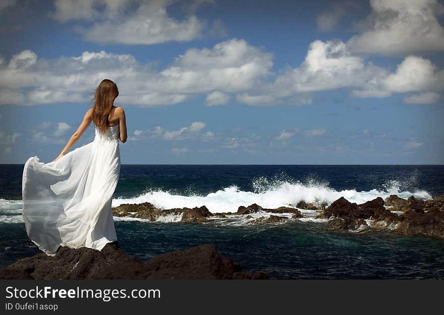 Young bride in light white wedding dress standing on sea rock shore and looking at ocean. Back view