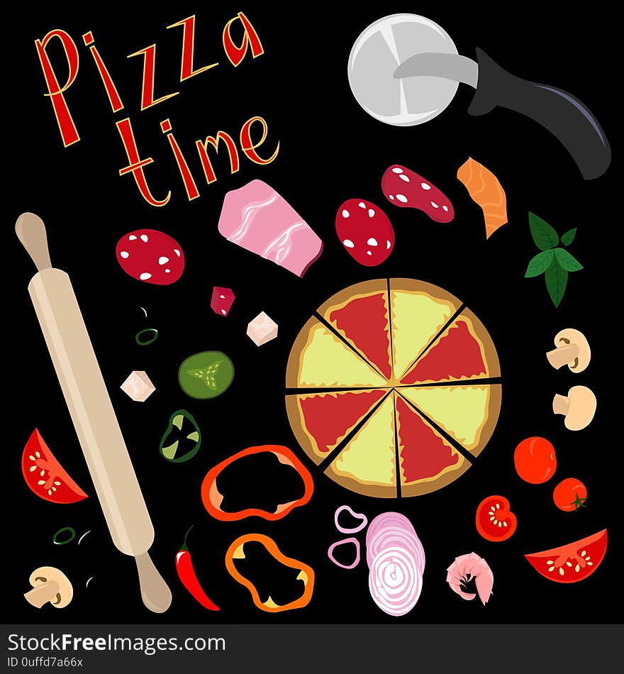 Pizza time. Set objects for a pizzeria, cafe, restaurant. Knife, rolling pin, ingredients. Filling and dough. Design for fraer