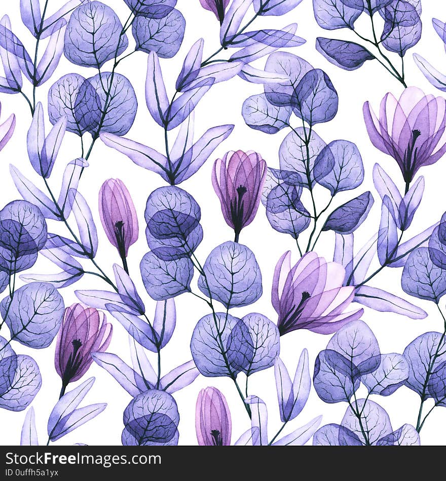 Seamless pattern with watercolor transparent leaves and flowers. Hand drawn illustration isolated on white. X-ray plants