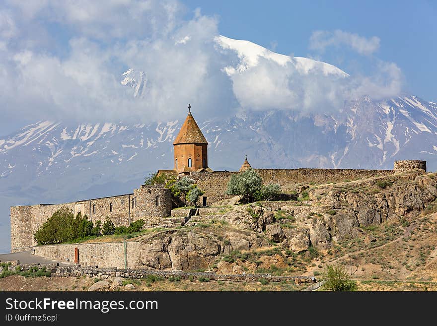 Khor Virap church with Ararat Mountain in the background, Armenia. Khor Virap church with Ararat Mountain in the background, Armenia