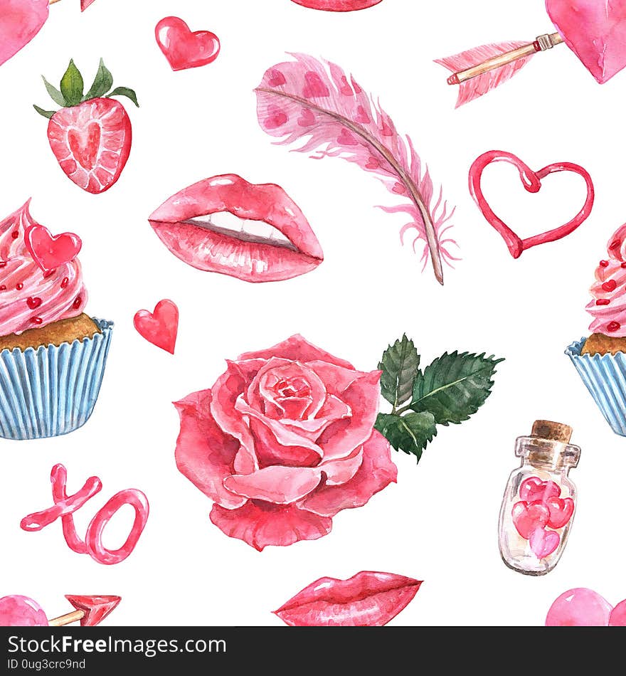 Watercolor romantic seamless pattern for Valentines day. Hand painted pink and red hearts, lips, love letter, cupcake, red rose. Holiday elements and symbols on white background, isolated. Watercolor romantic seamless pattern for Valentines day. Hand painted pink and red hearts, lips, love letter, cupcake, red rose. Holiday elements and symbols on white background, isolated