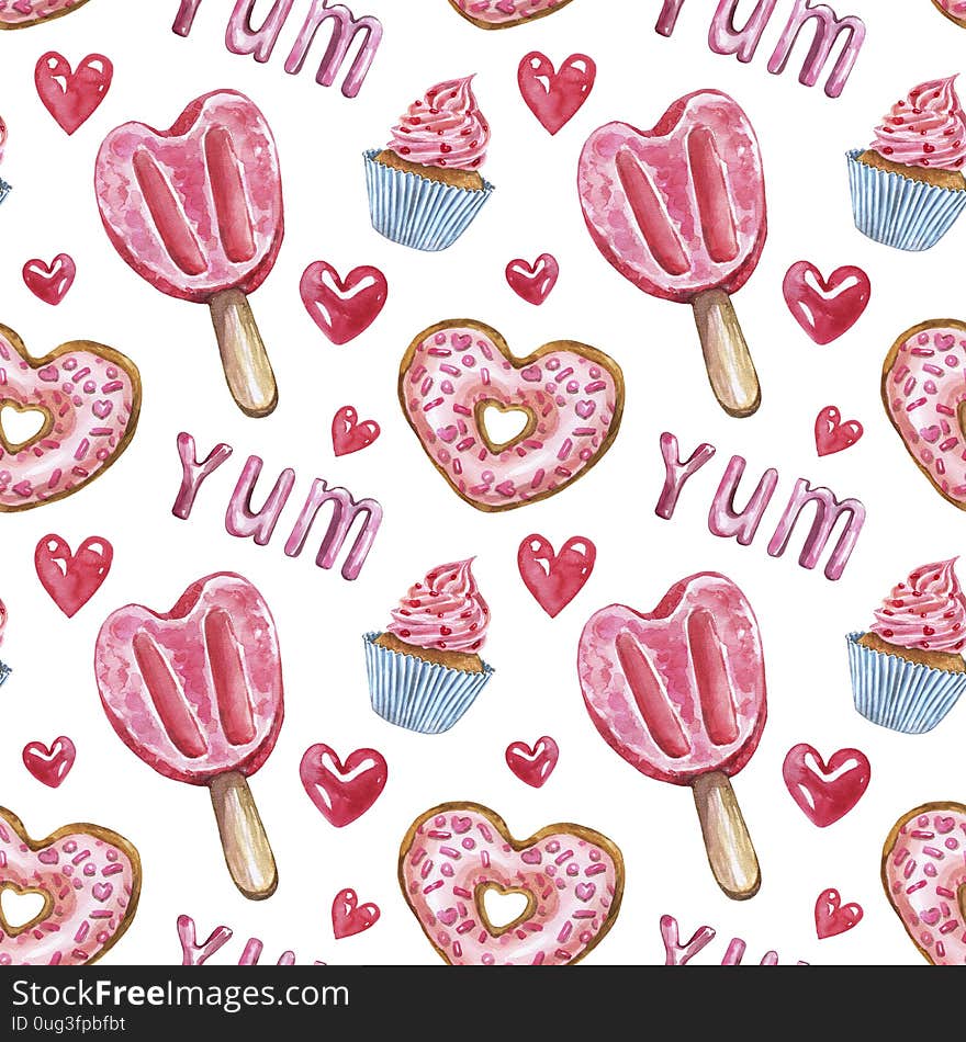 Watercolor Valentines day sweets, treats and dessert seamless pattern on white background. Red and pink cake, ice cream, doughnut, isolated. Romantic wallpaper. Watercolor Valentines day sweets, treats and dessert seamless pattern on white background. Red and pink cake, ice cream, doughnut, isolated. Romantic wallpaper