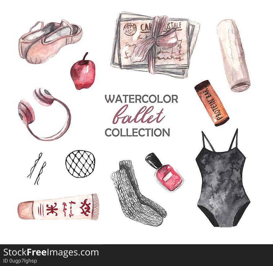 Ballet watercolor collection. Pointe shoes, ballerina cosmetics, healthy snack. Watercolor illustration on white isolated background. Ballet watercolor collection. Pointe shoes, ballerina cosmetics, healthy snack. Watercolor illustration on white isolated background