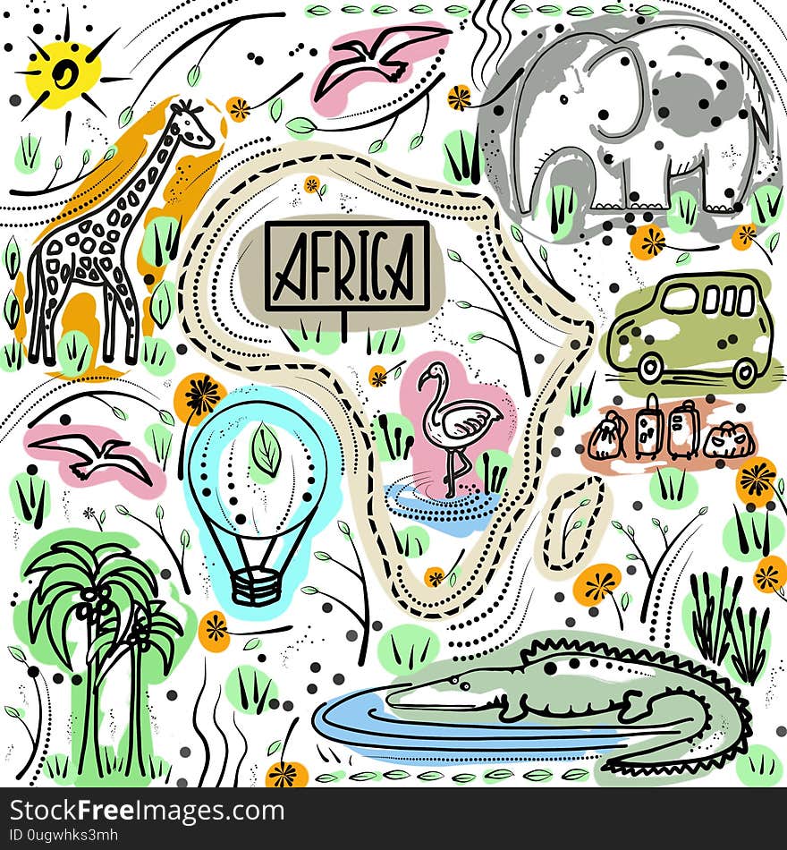 Travel to Africa. Animals painted by child. Safari Zoo park - kids sketchbook with doodles. Black outlines on white background.