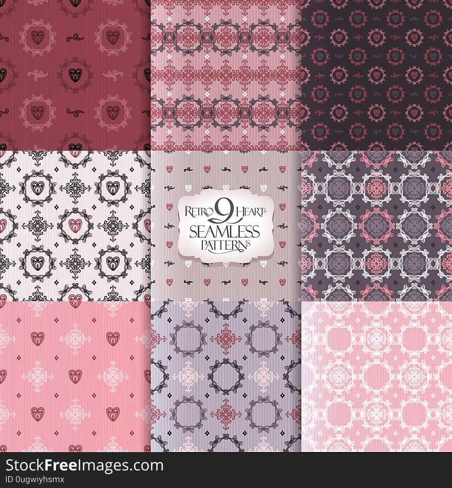 Set of 9 seamless patterns with hearts and curls ornaments, vector backgrounds collection, gentle pink colors