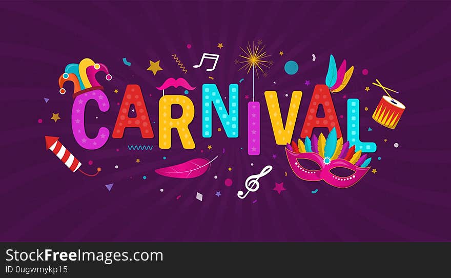 Colorful Carnival background banner with multicolored text surrounded by party accessories and firework on purple, vector illustration