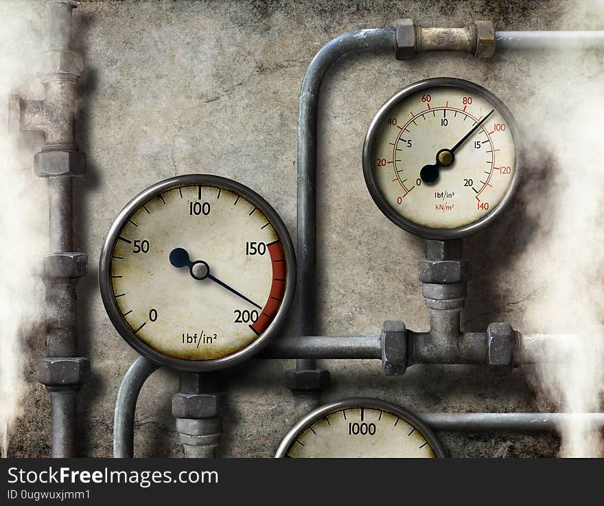 Old pressure meter and pipes with steam escaping. Composite image. Old pressure meter and pipes with steam escaping. Composite image.