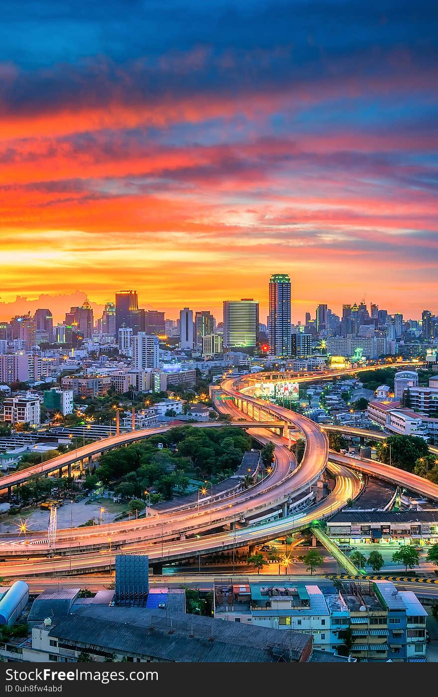 Landscape building modern business district of Bangkok Expressway in the foreground at sunset, Stunning sky. Landscape building modern business district of Bangkok Expressway in the foreground at sunset, Stunning sky