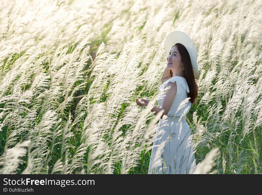 Beautiful asian woman in nature white meadow flower, her dress, and white hat standing in white grassy field, Prachuap Khiri Khan, Thailand. Beautiful asian woman in nature white meadow flower, her dress, and white hat standing in white grassy field, Prachuap Khiri Khan, Thailand