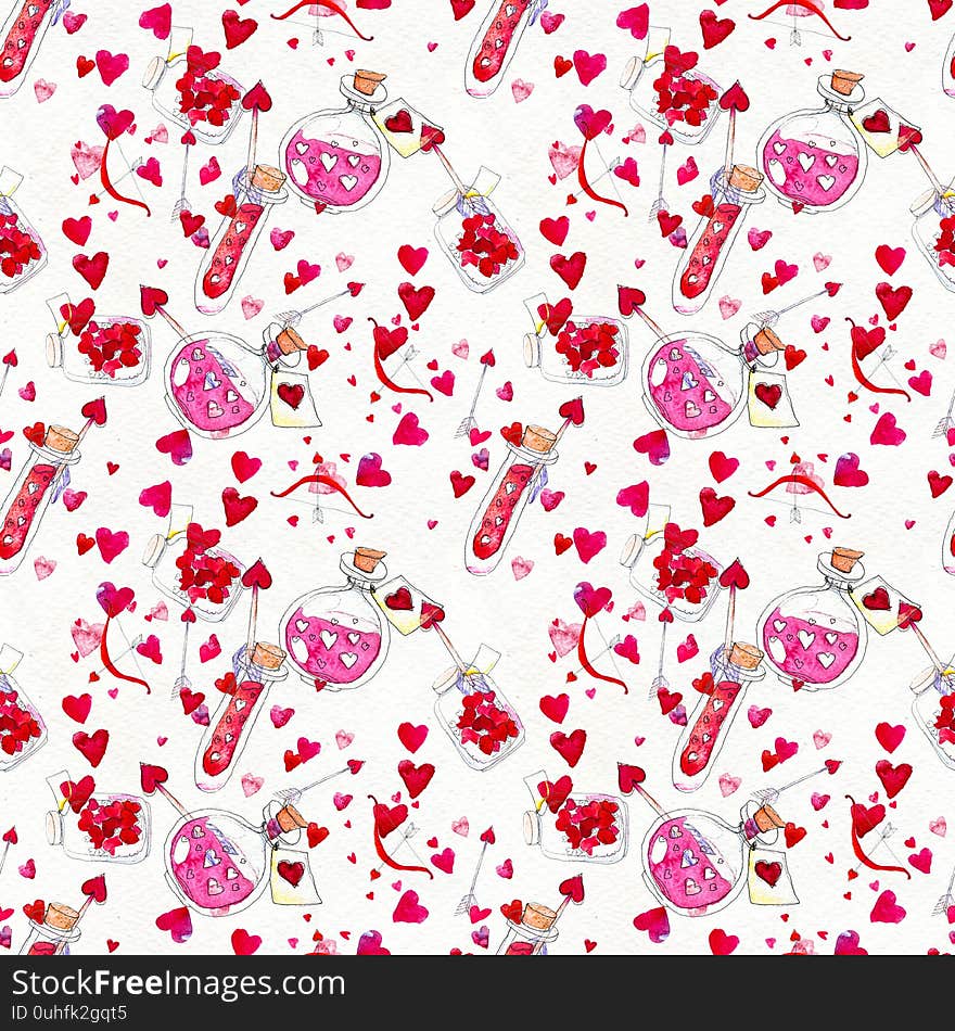 Happy Valentines Day. Seamless pattern with red watercolor hearts.