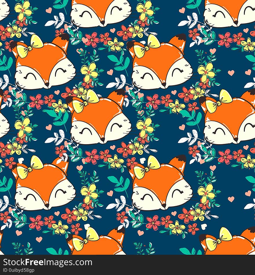 Fox and flowers Pattern. Vector illustration. Sketch print design beautiful forest animal for baby background, textile. For