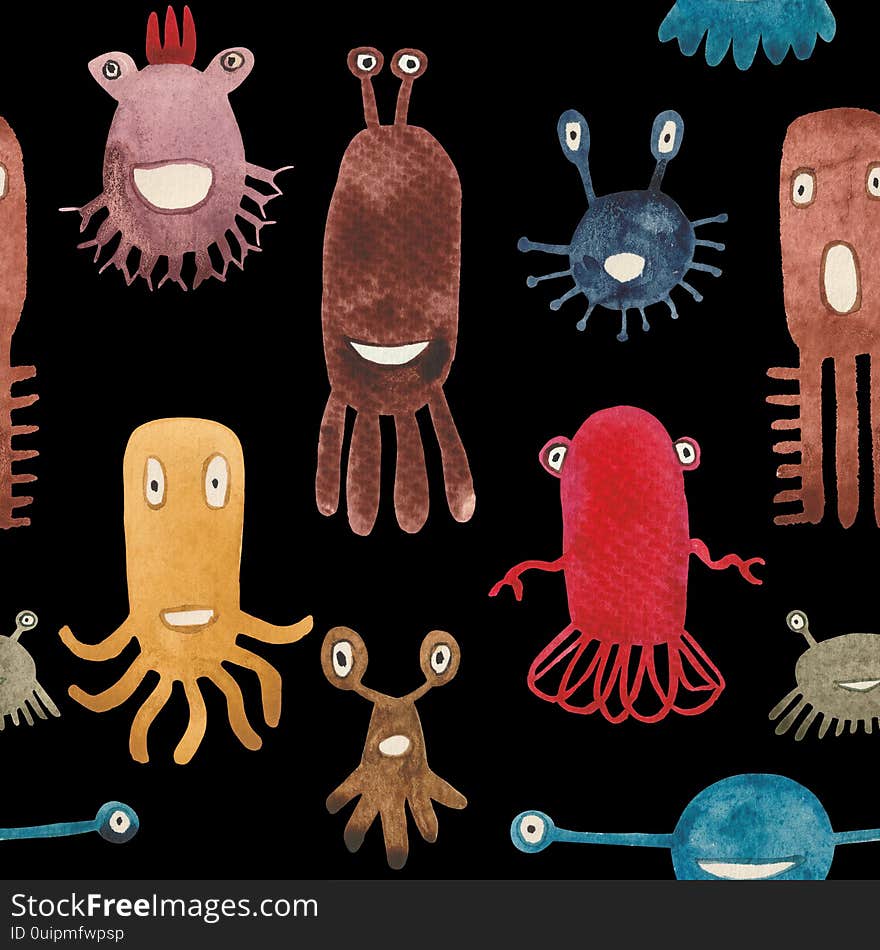 Watercolor seamless pattern of funny monsters and germs.