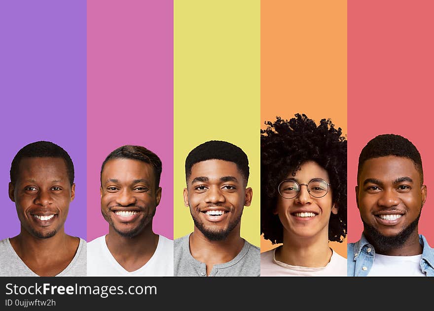 Collage of afro handsome young men over colorful backgrounds. Collage of afro handsome young men over colorful backgrounds