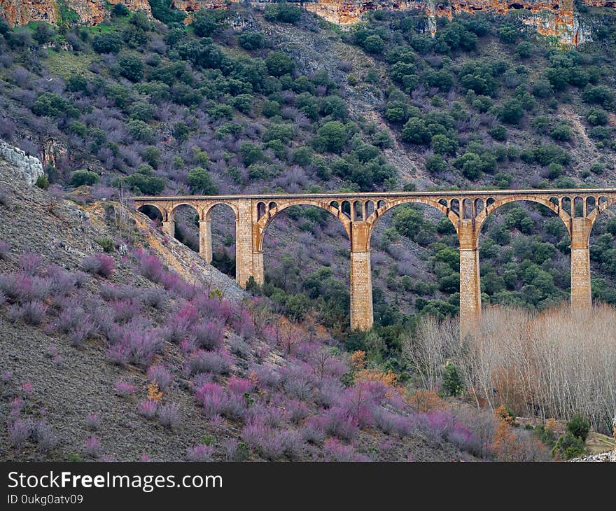 Isolated stone aquaduct in the middle of a forest with large rocks in Maderuelo in Spain.