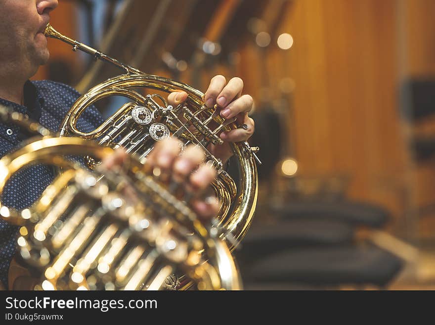 Man playing on french horn during philharmonic concert, art, concert