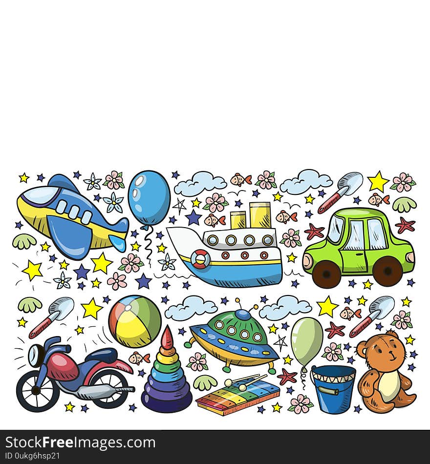 Vector pattern with toys for little kindergarten children. Dinosaur, teddy bear, rocket, ship, airplane, balloon, car