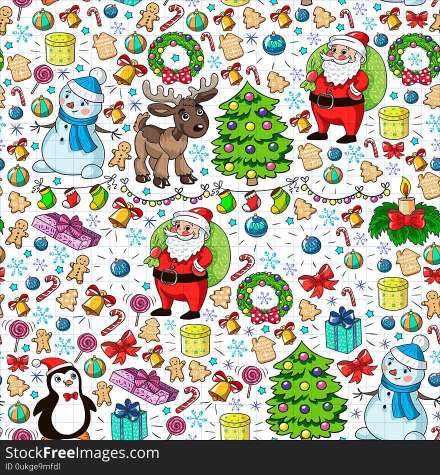 Merry Christmas and happy new year. Santa Claus, deer, snowman, penguin. Vector pattern.