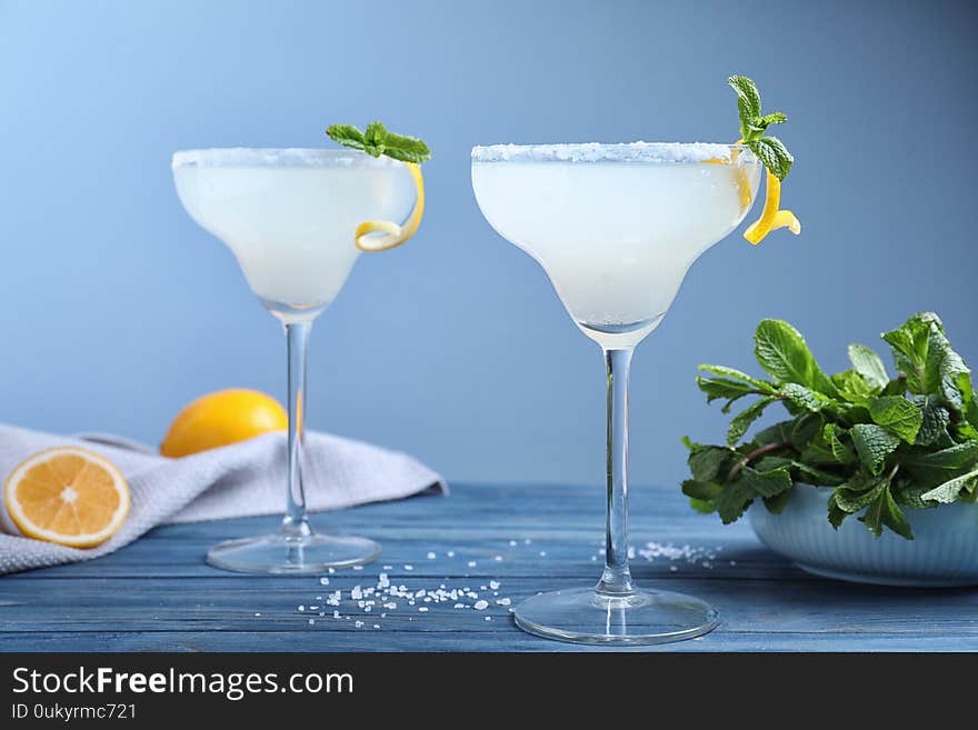 Glasses Of Tasty Margarita Cocktail On Wooden Table