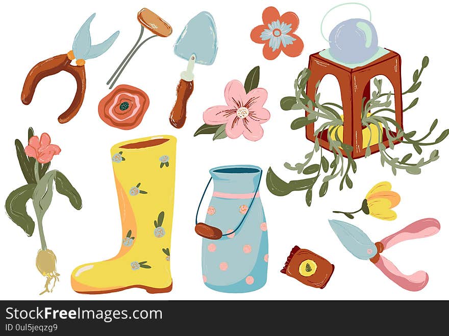 Spring Gardening Set. Tools and decorations for the garden.Gardening equipment. Isolated illustration on white background. Farm collection or farming set illustration. Elements, clipart