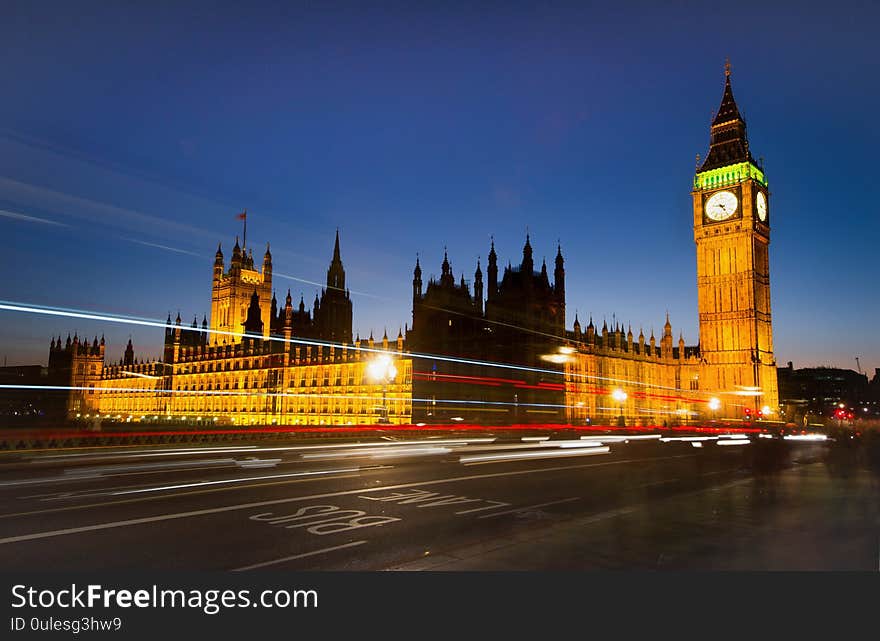 Long exposure light trail of big ben in london