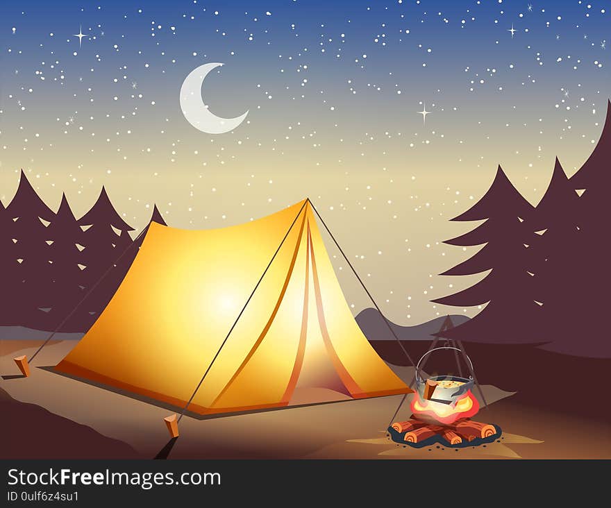 Vector horizontal banner with night mountains, campfire