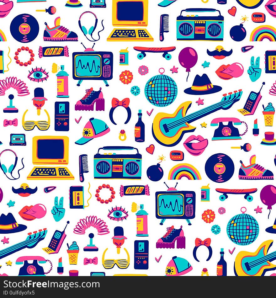 Collection retro icons elements in trendy 80s-90s goods hand-drawn cartoon style. Vector colorful seamless pattern doodle illustration