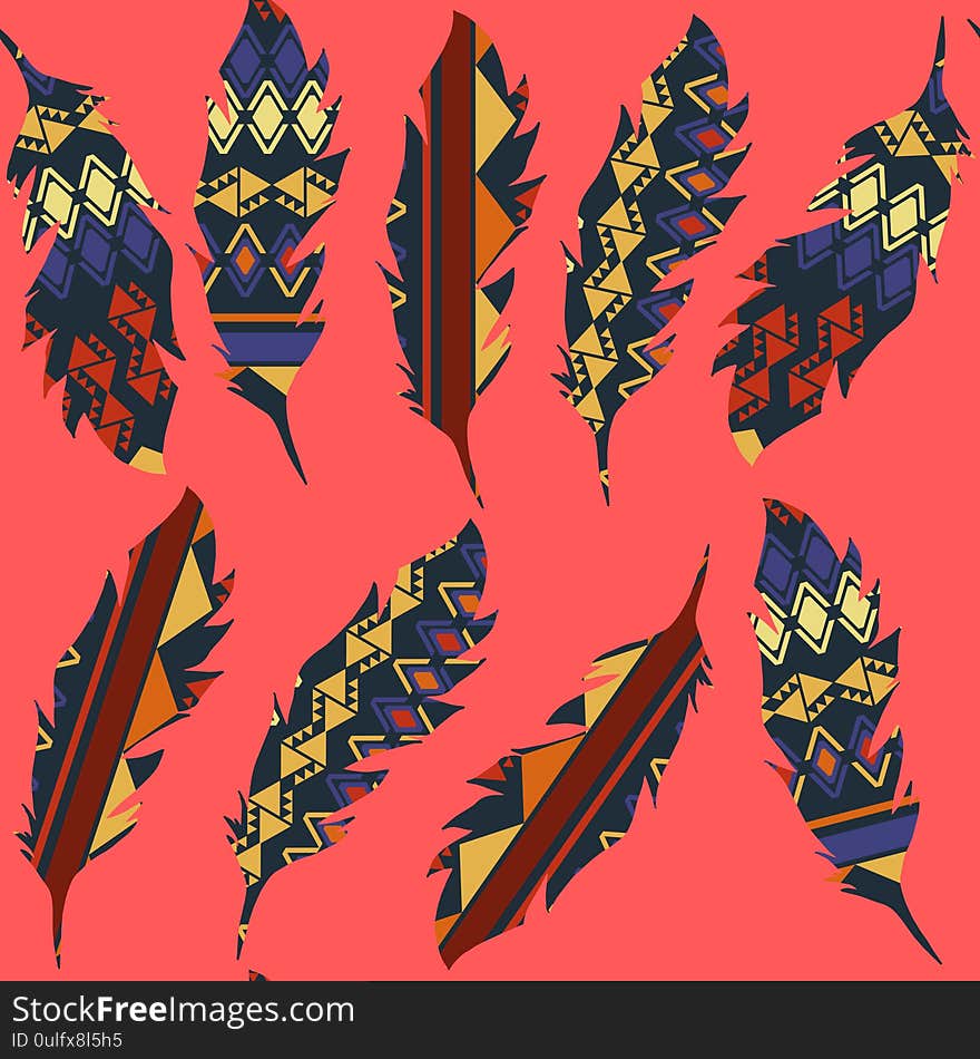 Feather seamless pattern. It is located in swatch menu, vector image. Colorful texture for design surfaces.