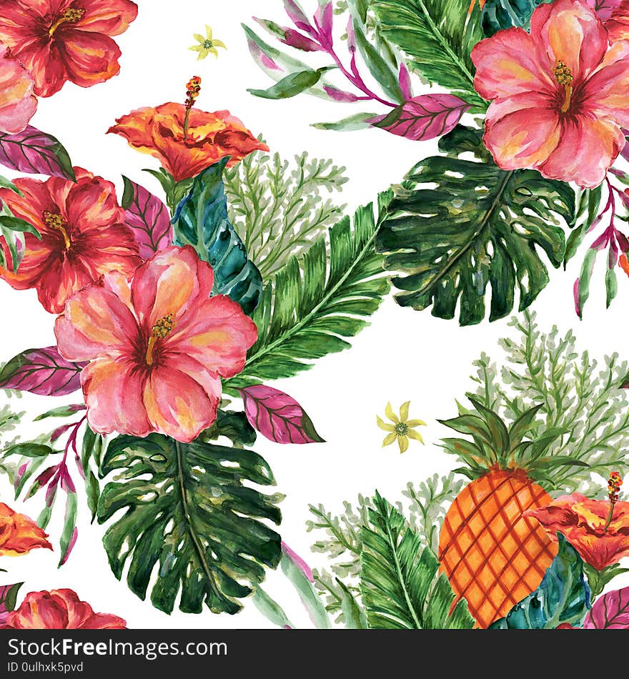 Watercolor gouache summer beach jungle seamless pattern tree, leaf, fruit, food, botanice, doodle background Hand painted