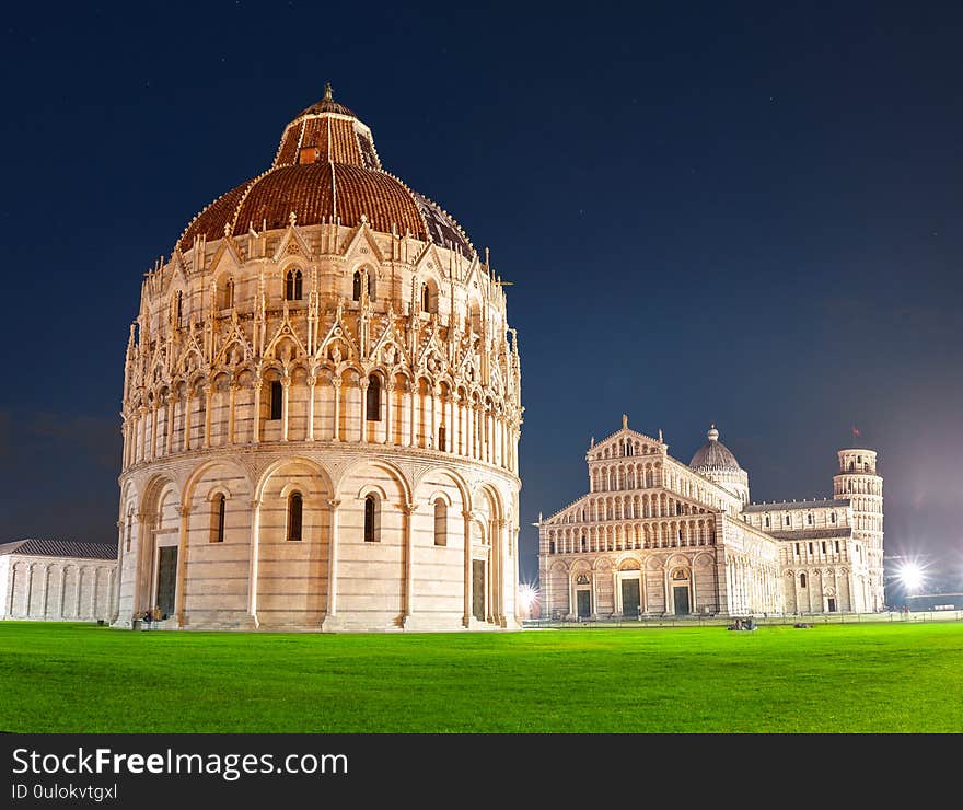 Piazza dei miracoli and The leaning tower by night