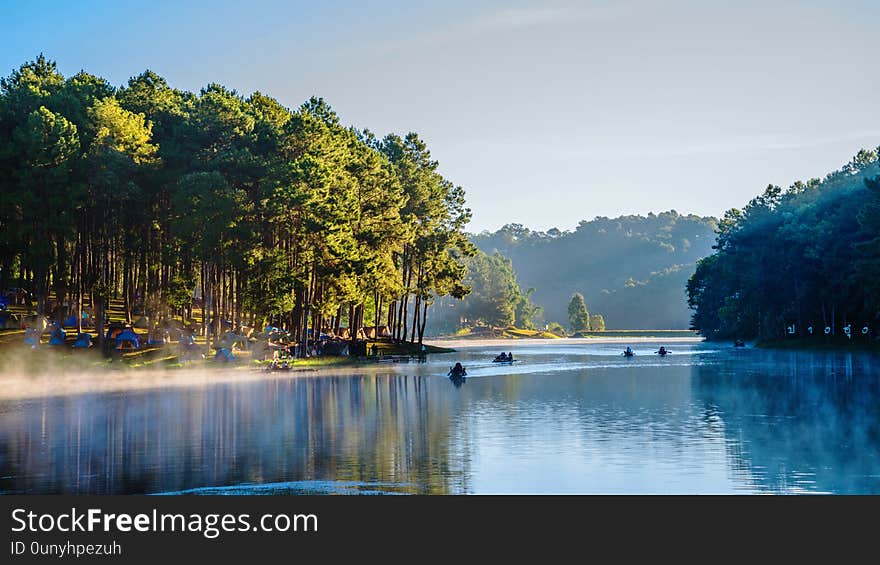 Camping and travel  Beatiful nature panorama view of Pang Ung lake in the mist at sunrise.