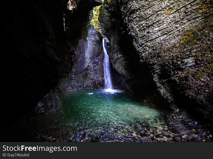 Beautiful Kozjak waterfall Soca river valley in Slovenia landscape. This part of Slovenia is very popular hiking place. Beautiful Kozjak waterfall Soca river valley in Slovenia landscape. This part of Slovenia is very popular hiking place.