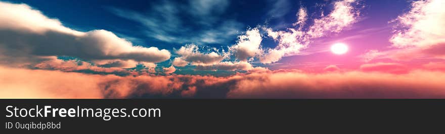 The sky with clouds panorama, the sun among the clouds, cloudy landscape, 3D rendering